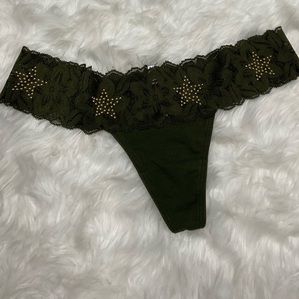 Y2K Victoria's Secret PINK Olive Lace Thong with Gold Studs